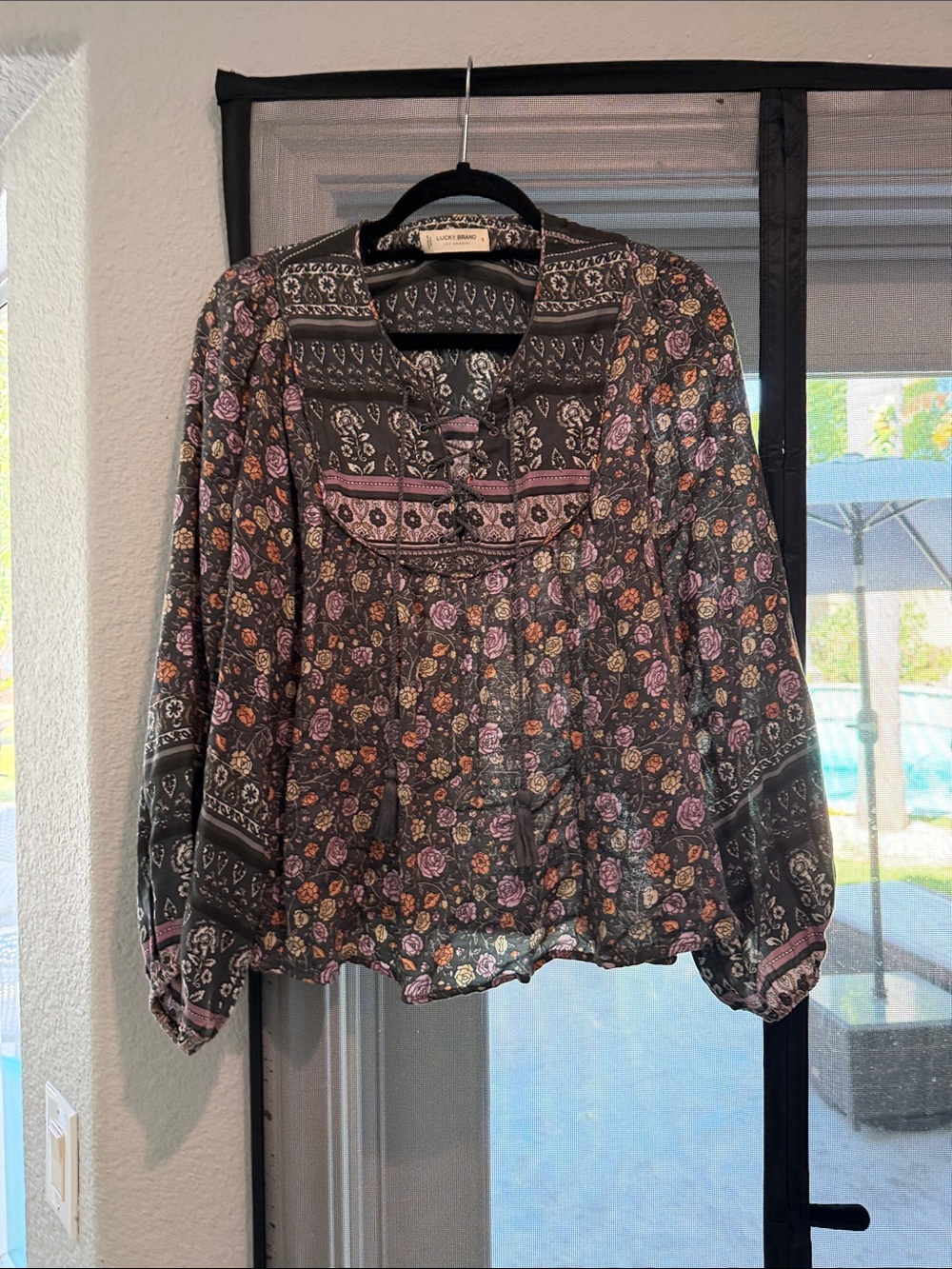Lucky Brand Black Floral Boho Peasant Blouse with Pink and Tan Flowers